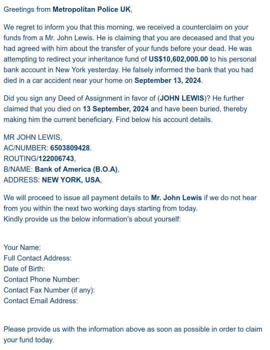 A letter from the Metropolitan Police UK informing about a counterclaim on funds involving fraud, death misinformation, and bank details of Mr. John Lewis.