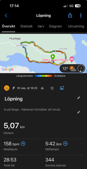 En skärmbild från en löpapp visar en löprunda på 5,07 km med medelpulsen 158 bpm, medeltempot 5:42 min/km, total tid 28 min 53 sek och 344 förbrända kalorier.