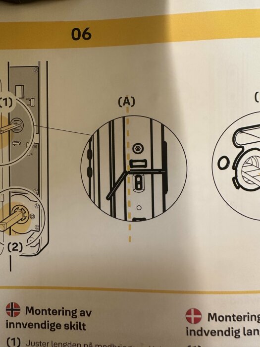 Instruktionsbok för montering av invändig skilt, steg 06, med närbild av del (A) visad i cirkel.