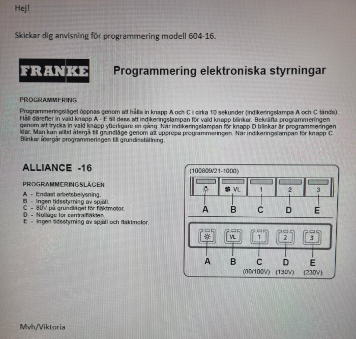 Manual för programmering av Franke elektroniska styrningar modell 604-16, inklusive instruktioner och knappar för att ställa in olika programlägen för ventilation.