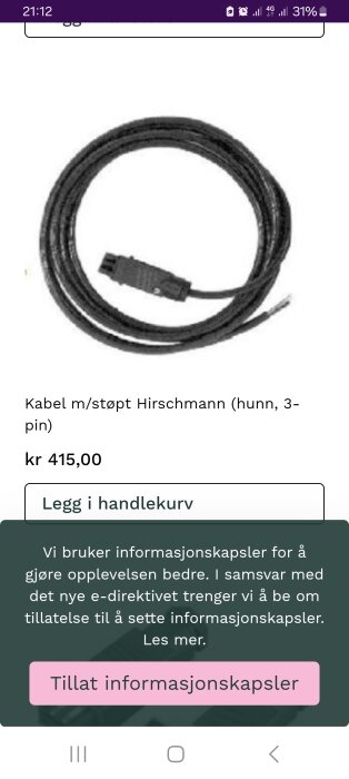 Kabel med støpt Hirschmann-kontakt (hunn, 3-pin) til salgs for kr 415,00, avbildet med alternativet for å legge i handlekurven.