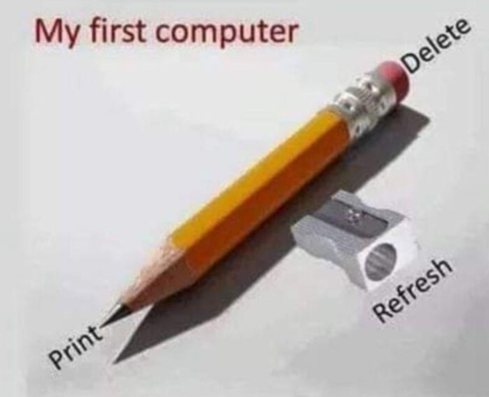 Blyertspenna märkt som "Print" och "Delete" och en pennvässare märkt som "Refresh" med texten "My first computer" ovanför.