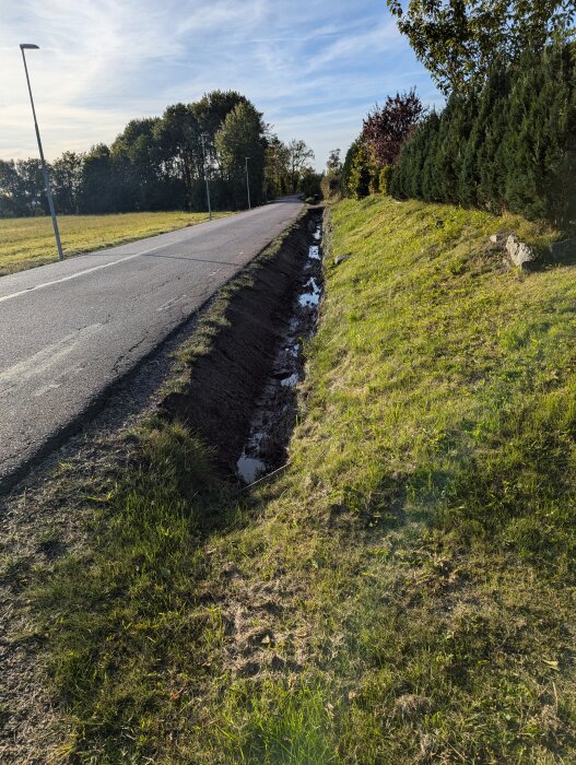 Ett dike längs en asfalterad väg, med några små pölar i diket. Grönska på båda sidor av vägen och en skog i bakgrunden. Klar himmel.