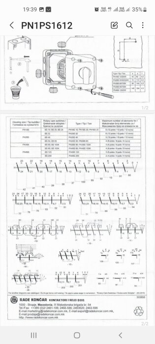 Tekniskt schema och tabell för koppling av Y/D brytare till motor med specifikationer och anslutningsdetaljer från tillverkaren RADE KONCAR.