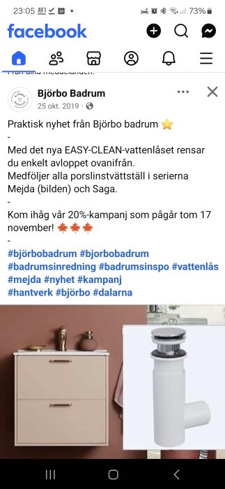 En popup-vattenlås i vitt, del av Easy-Clean-serien från Björbo Bad. Skåp under handfat syns i bakgrunden.