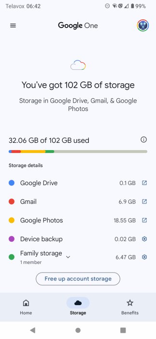 Google One skärmdump visar lagringskapacitet på 102 GB med 32,06 GB använt. Lagring används i Google Drive, Gmail, Google Photos, enhetsbackup och familjelagring.