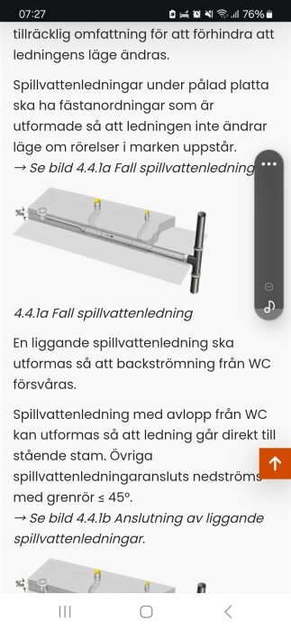 Skärmdump av Branschregler Säker vatteninstallation 2021:2 sida 4.4.1a som visar en illustration och beskrivningen "Fall spillvattenledning".