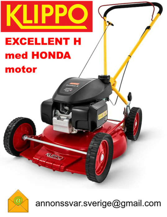 KLIPPO EXCELLENT H gräsklippare med Hondamotor, röd och svart design, visad framifrån och e-postadress nedan för kontakt: annons.svar.sverige@gmail.com.