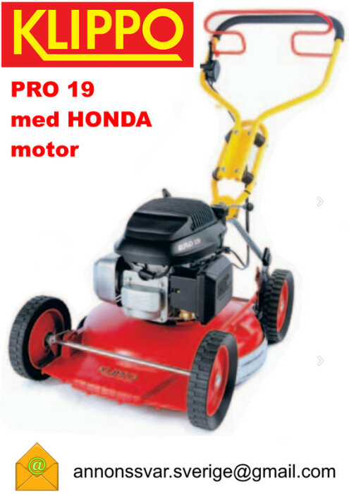 Bild på en KLIPPO gräsklippare modell PRO 19 med Hondamotor. Annons med kontaktmail annons.svar.sverige@gmail.com.