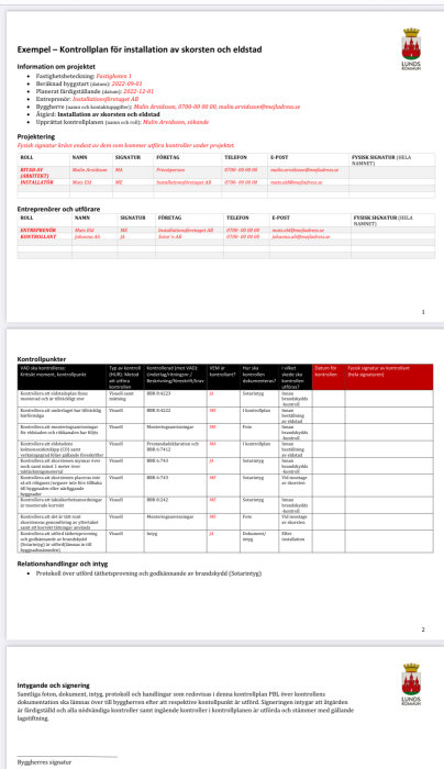 Kontrollplan för installation av skorsten och eldstad med projektinformation, ansvariga personer, kontrollpunkter och signaturfält, utgiven av Lunds kommun.