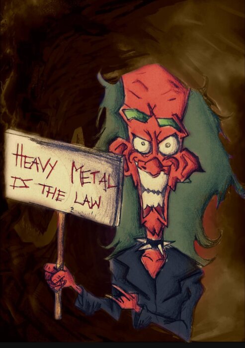 Tecknad figur med röda toner och grönt hår håller en skylt där det står "Heavy Metal is the Law" med ojämn text på en mörk bakgrund.