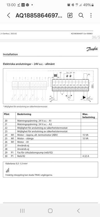 Diagram med elektriska anslutningar och plintbeskrivningar för en Danfoss-enhet. Innehåller specifikationer för 24V A.C. och max belastning för olika plintar.