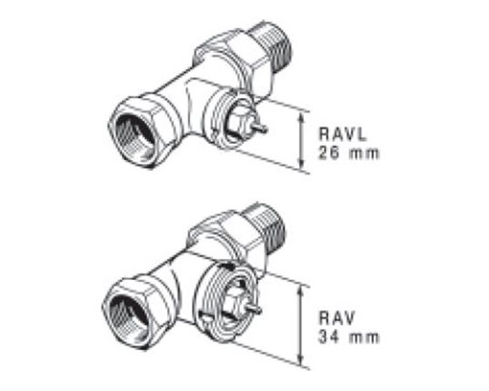 Illustration av två Danfoss ventilhus med mått på halsens anslutning, RAVL 26 mm och RAV 34 mm.