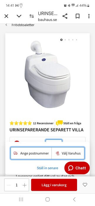 Bild av en urinseparerande Separett Villa toalettsystem på en produktsida från Bauhaus med 12 recensioner och högst stjärnbetyg.