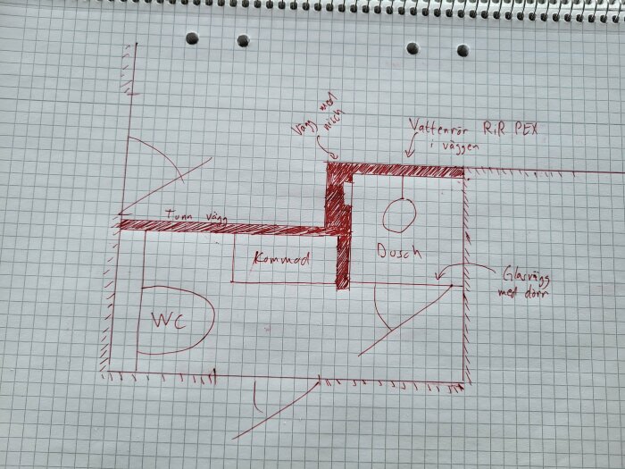 Ritning på L-format duschrum med WC, kommod, dusch, och placering av vattenrör RIR PEX i väggen, avloppsrör och glasvägg med dörr, skissad på rutat papper.