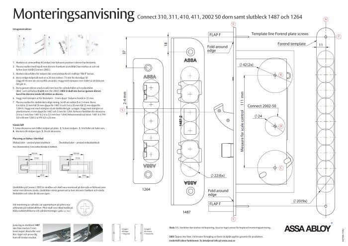 Monteringsanvisning för Assa slutbleck 1487 och 1264 visar detaljerade mått och instruktioner för korrekt installation av låskomponenter.