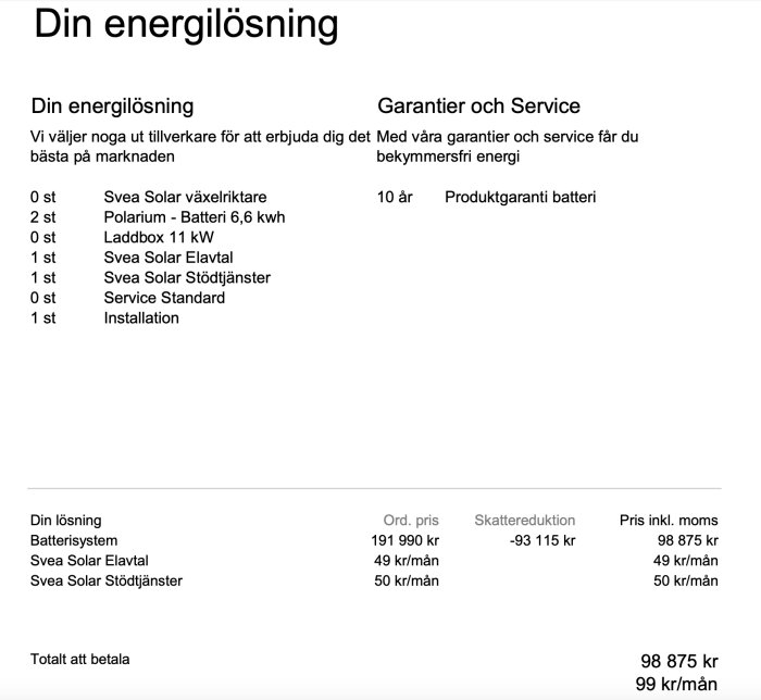 Offert för energilösning från Svea Solar med prisuppgifter och komponenter: Polarium-batteri, Svea Solar Elavtal, Svea Solar Stödtjänster och installation. Total kostnad 98 875 kr.