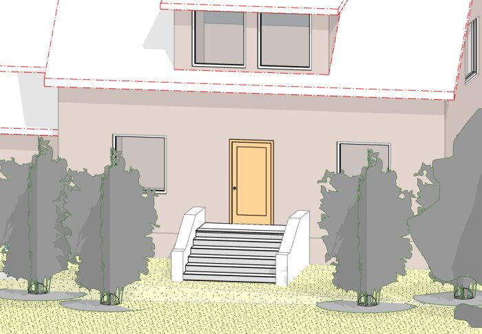 Illustration av ett putsat hus från 1930-talet med en trappuppgång framför entrédörren samt omgivande vegetation.