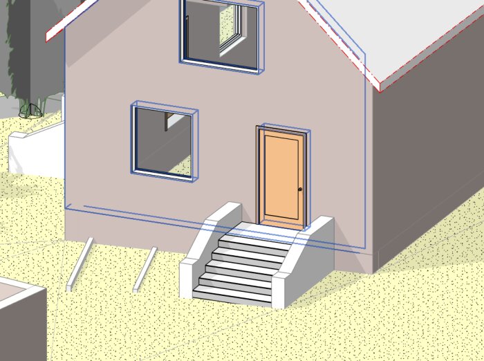 Illustration av 30-talshusets fasad med ritning av ny entrétrappa med vit puts och fönster ovanför.