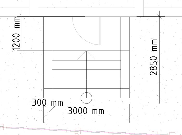 Skiss av entrétrappa till putsad fasad, toppvy med dimensioner: 1200 mm djup, 2850 mm bredd och 3000 mm längd. Trappstegen centralt placerade.