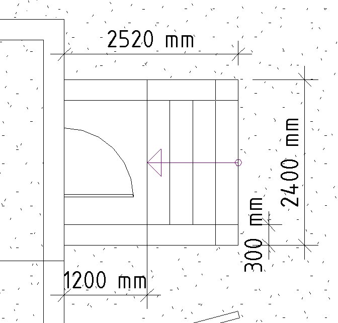 Ritning av entrétrappor till 30-talshus med måttangivelser; 2520 mm bred och 2400 mm djup, samt markering av steg och pil för riktning.