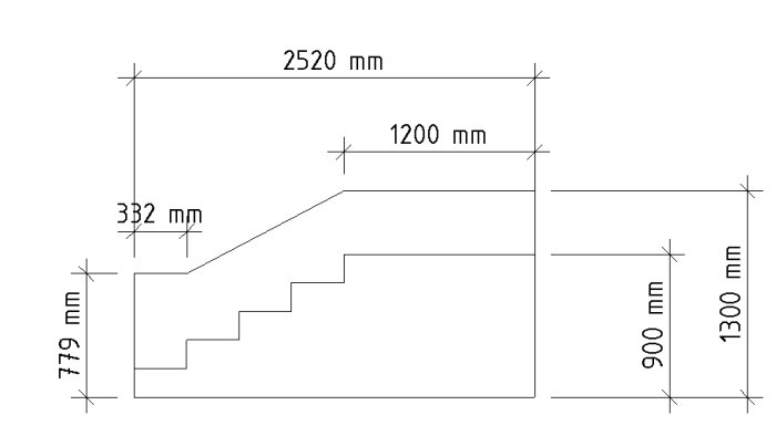 Ritning av entrétrappa med måttangivelser: höjd 779 mm, bredd 2520 mm, djup 1300 mm, plan yta 1200 mm, trappstegshöjd 182 mm, och stegplan 900 mm.