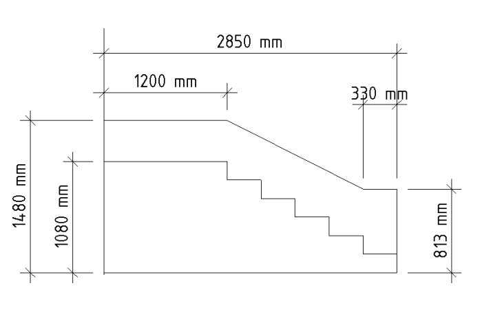 Byggnadsritning av en entrétrappa med måtten 2850 mm längd, 1480 mm och 1080 mm höjd, samt 813 mm och 1200 mm bredd. Avståndet mellan stegen är 330 mm.