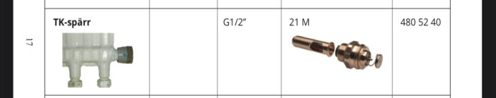 Tabell med ventildelar, avläsning och diagram. Text: "TK-spärr", "G1/2’’, "21 M", nummer 480 52 40. En ventil på vänster sida och komponent på höger sida.