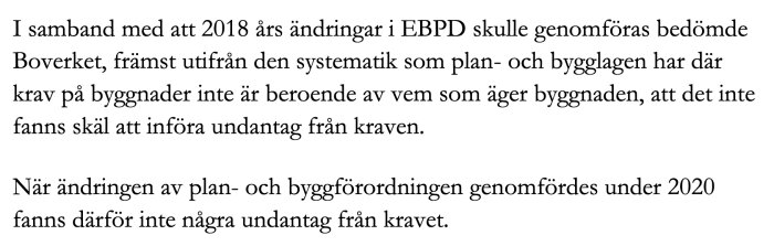 Text om Boverkets bedömning vid förändringar i EBPD 2018. Inga undantag för byggnader baserat på ägarskap. Ändring av byggförordning 2020 utan undantag.