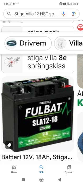 En bild av ett Fulbat SLA12-18 batteri med specifikationer 12V, 18Ah. I sökningen syns bl.a. orden "Stiga Villa 12 HST" och "drivrem".