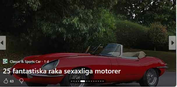 Röd sportbil med cabriolet, står parkerad på en gata omgiven av träd. Texten "25 fantastiska raka sexaxliga motorer" syns över bilden.