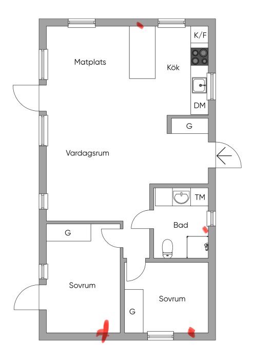 Planritning över hus på 60m2 med röda markeringar som visar tilluftsventiler i sovrum och badrum samt värmepumpens innerdel ovanför köksön.