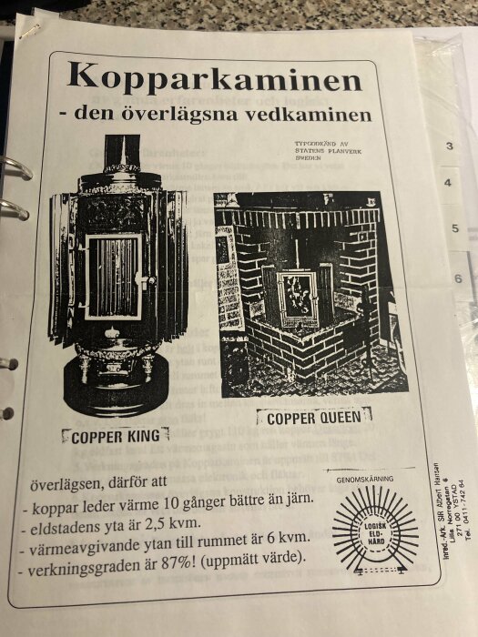 Bild på en broschyr från "Kopparkaminen", som visar två vedkaminer: "Copper King" och "Copper Queen", samt information om deras värmeledningsförmåga och verkningsgrad.