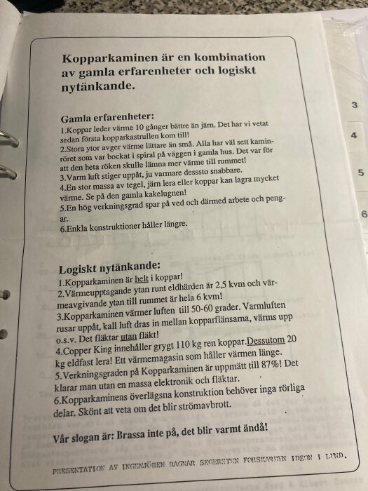 Dokumentsida med text som beskriver en kopparkamin, inklusive gamla erfarenheter och nya idéer, med en avslutande slogan.