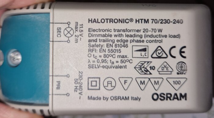 OSRAM elektronisk transformator 20-70W, märkning och säkerhetsinformation, för 230-240V användning och dimbar med ledande och efterföljande kantkontroll.