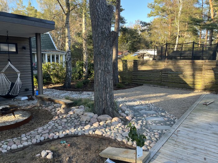 Baksidan av en trädgård med en hängstol, gjuten betongkant, grusgång, stenlagd kant mot gräsmatta, trädäck och en trästaket i bakgrunden.