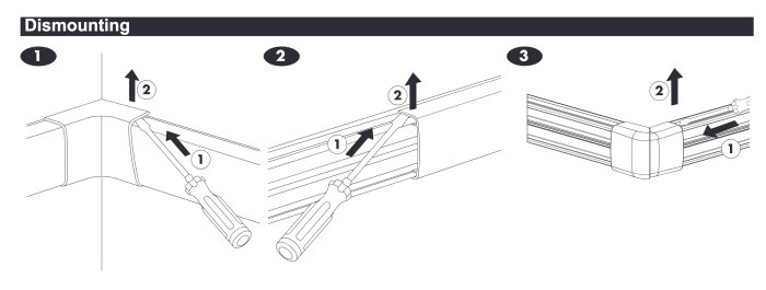 Illustration som visar steg-för-steg anvisningar för att öppna en Schneider OptiLine kabelkanal med snäppfästen och hjälp av en skruvmejsel.