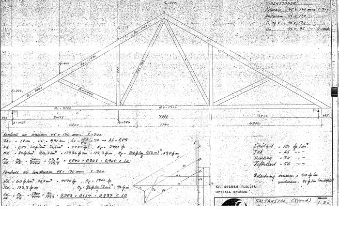 Byggnadsritning av en takkonstruktion med måttangivelser och detaljerad information om material och belastningar. Text och dimensioner synliga i bilden.