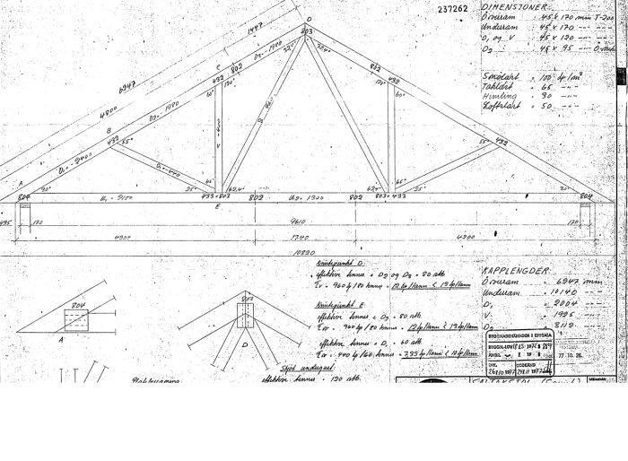 Ritning av takstol med detaljerade mått och specifikationer, inklusive dimensioner för övre ram, underram och diagonaler.