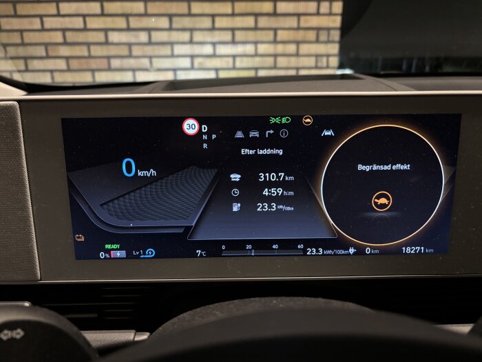 Instrumentbräda på elbil med noll procent batteri, 310,7 km körsträcka, begränsad effekt-symbol och total förbrukning på 23,3 kWh/100 km.