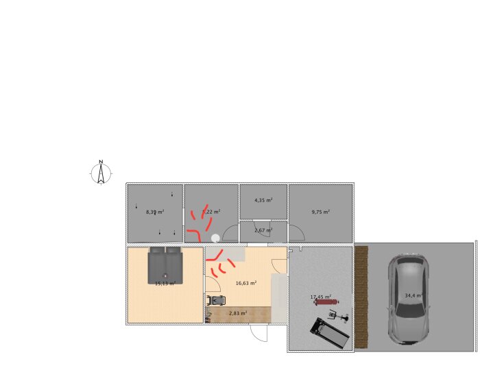 Planlösning för suterränghus med markerade platser för eventuell kamininstallation på plan 1, rummen inkluderar hall, sovrum och pannrum.