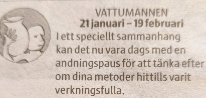 Tidningssida med horoskopet för stjärntecknet Vattumannen, beskriver behovet av en andningspaus för att utvärdera sina metoder.