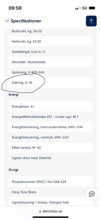 Produktens specifikationer med uppgift om 16A säkring.