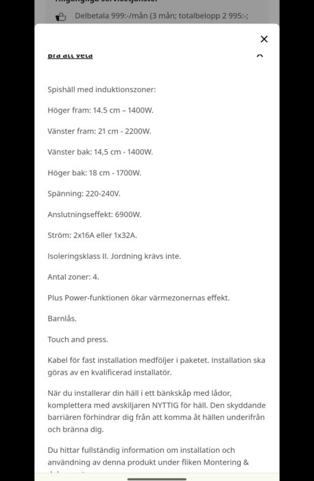 Installationsmanual för induktionshäll från Ikea med specifikationer som effekt, spänning och storlek på värmezoner. Inkluderar monteringsinstruktioner.