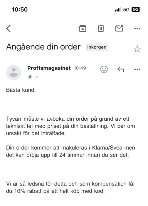 Mejl från Proffsmagasinet om annullering av en order på grund av tekniskt fel, med erbjudande om 10% rabatt som kompensation.