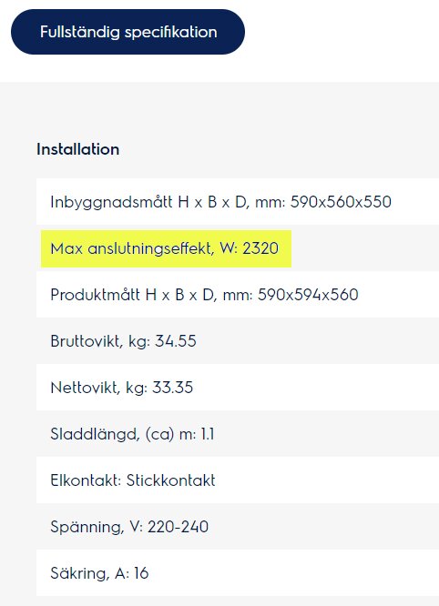 Specifikationstabell med markerad rad: Max anslutningseffekt på 2320W, vilket överskrider 10A.