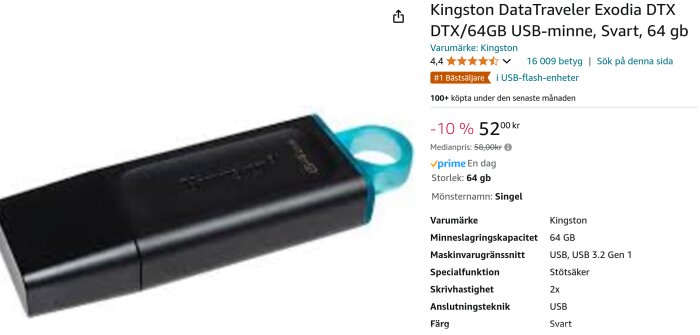 Svart Kingston DataTraveler Exodia 64GB USB-minne med blått hänge, pris 52 kr.