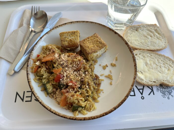 Risotto med grönsaker och tofu på en tallrik, bredvid ligger bröd och en glas vatten på en bricka med bestick.