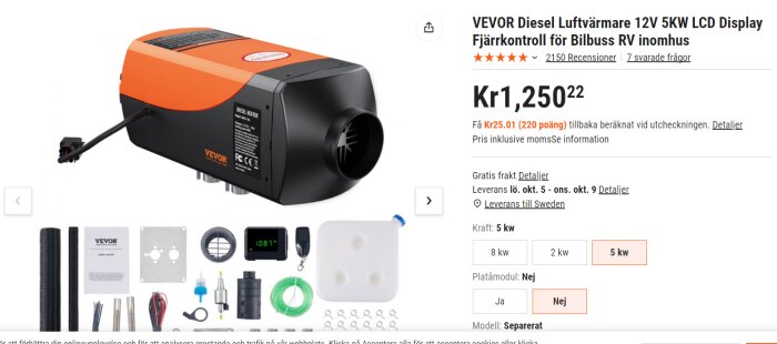 Vevor diesel luftvärmare 12V 5KW med tillbehör, inklusive LCD-display och fjärrkontroll, för bilar och RV, visas med pris och recensioner.