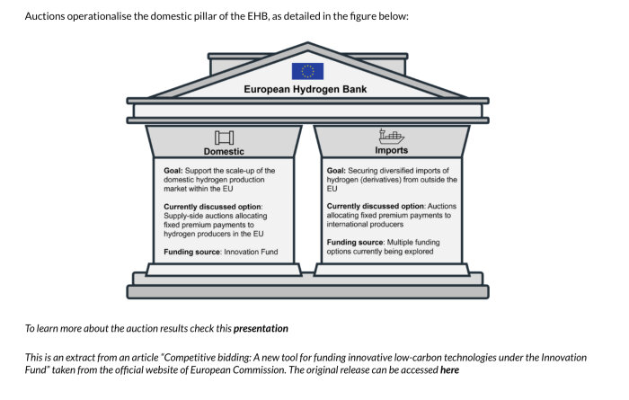 Illustration av European Hydrogen Banks pelare med inrikes och importmål, diskuterade alternativ och finansieringskällor.